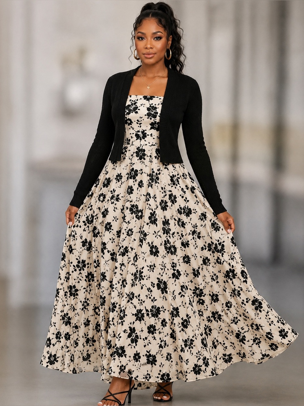 petite jolie Black & Cream Floral Midi Dress